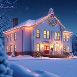 a beautiful 3D animated scene of a white brick school building set in a winter landscape during the night