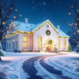a beautiful 3D animated scene of a white brick school building set in a winter landscape during the night