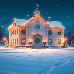 a beautiful 3D animated scene of a white brick school building set in a winter landscape during the night