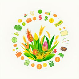 A circular design with vibrant illustrations of different crops such as corn, wheat, and rice in the center, symbolizing agriculture and food production