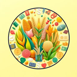 A circular design with vibrant illustrations of different crops such as corn, wheat, and rice in the center, symbolizing agriculture and food production