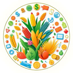 A circular design with vibrant illustrations of different crops such as corn, wheat, and rice in the center, symbolizing agriculture and food production
