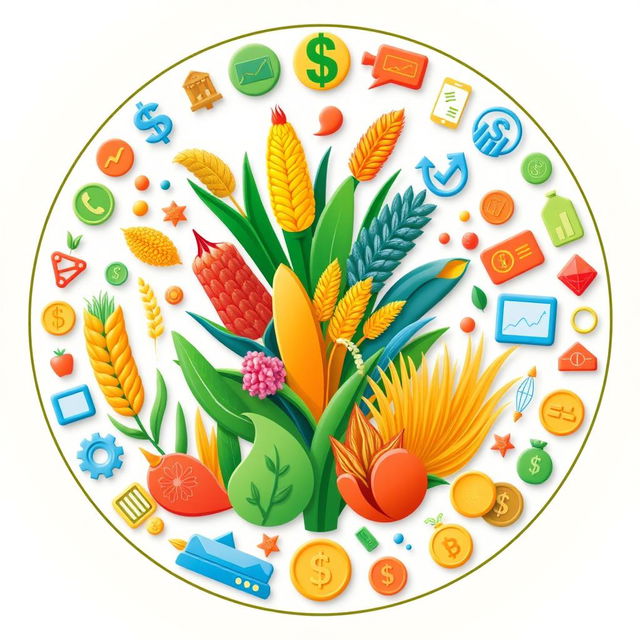 A circular design with vibrant illustrations of different crops such as corn, wheat, and rice in the center, symbolizing agriculture and food production