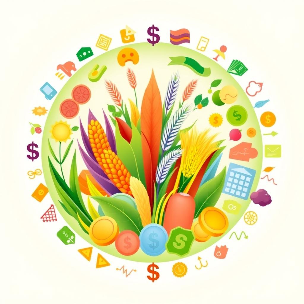 A circular design with vibrant illustrations of different crops such as corn, wheat, and rice in the center, symbolizing agriculture and food production