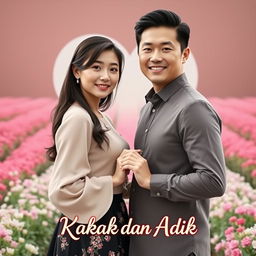A beautiful young Korean woman with an elegant appearance stands with a handsome macho Asian man facing the camera, both smiling softly and sweetly