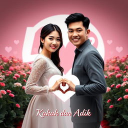 A beautiful young Korean woman with an elegant appearance stands with a handsome macho Asian man facing the camera, both smiling softly and sweetly