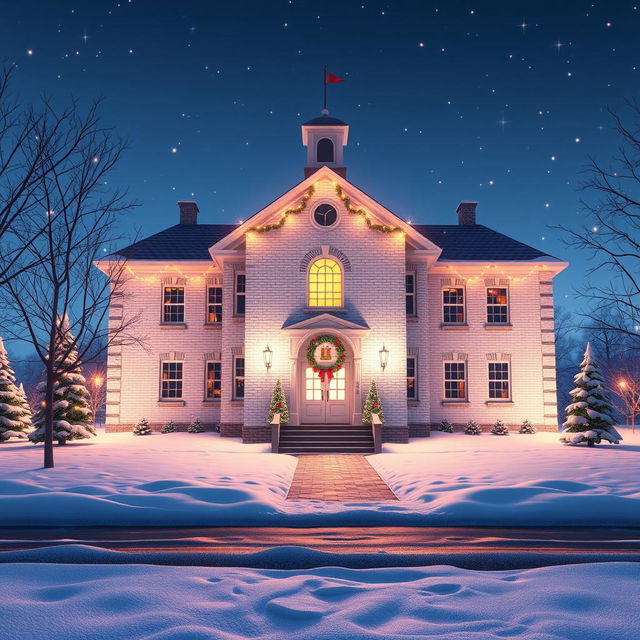 a stunning 3D animated scene of a white brick school building set in a picturesque winter landscape at night