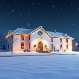 a stunning 3D animated scene of a white brick school building set in a picturesque winter landscape at night