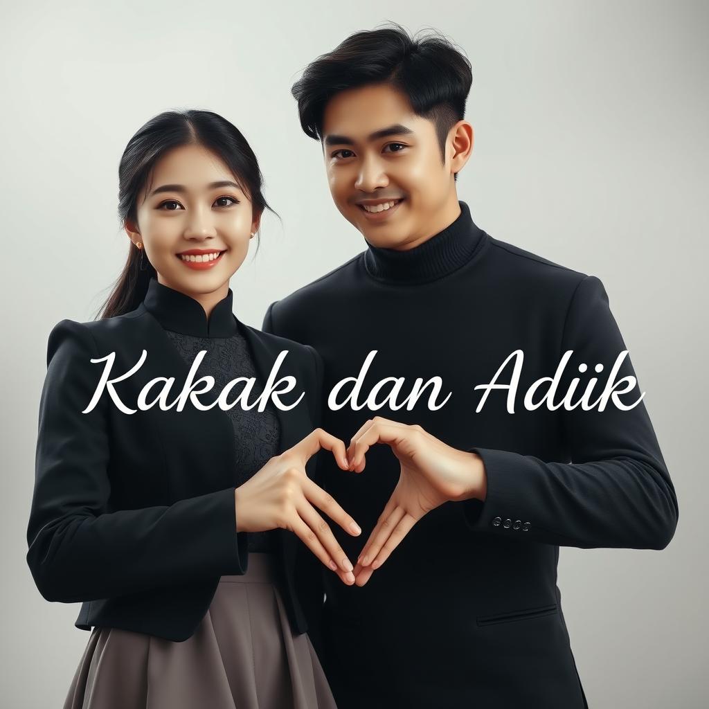 A beautiful young Korean woman in an elegant outfit standing next to a handsome macho man, both facing the camera with gentle smiles