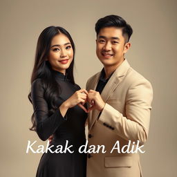 A beautiful young Korean woman in an elegant outfit standing next to a handsome macho man, both facing the camera with gentle smiles