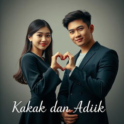 A beautiful young Korean woman in an elegant outfit standing next to a handsome macho man, both facing the camera with gentle smiles