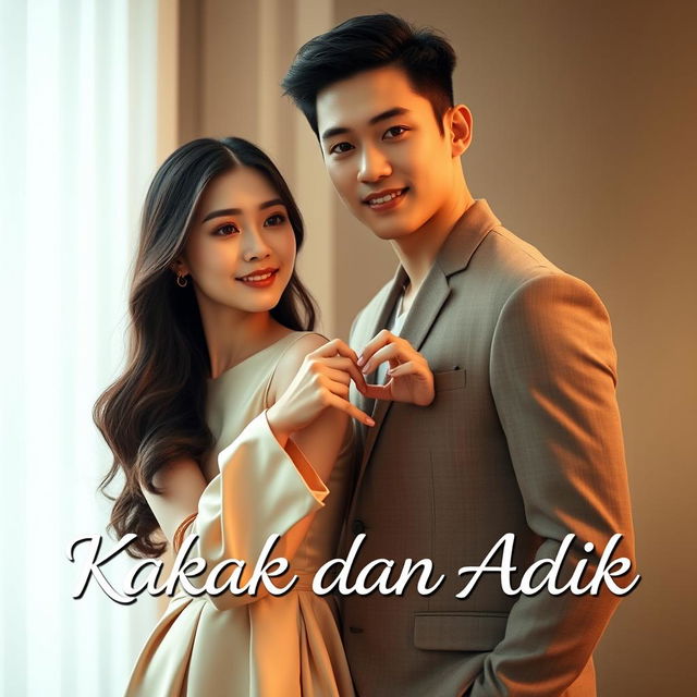 A beautiful young Korean woman in an elegant outfit standing next to a handsome macho man, both facing the camera with gentle smiles