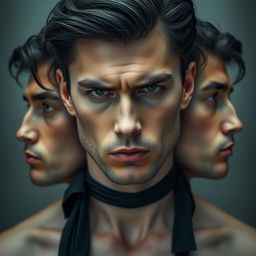 A handsome man with dark hair and pale skin, looking serious and frowning