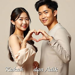 A beautiful young Korean woman and a handsome macho man standing together facing the camera with soft smiles