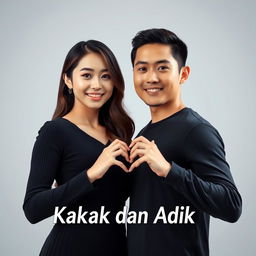 A beautiful young Korean woman and a handsome macho man standing together facing the camera with soft smiles