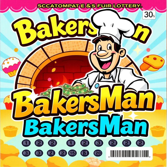 A vibrant and eye-catching lottery scratch-off ticket named 'BakersMan'