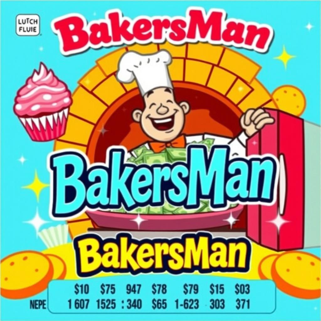 A vibrant and eye-catching lottery scratch-off ticket named 'BakersMan'