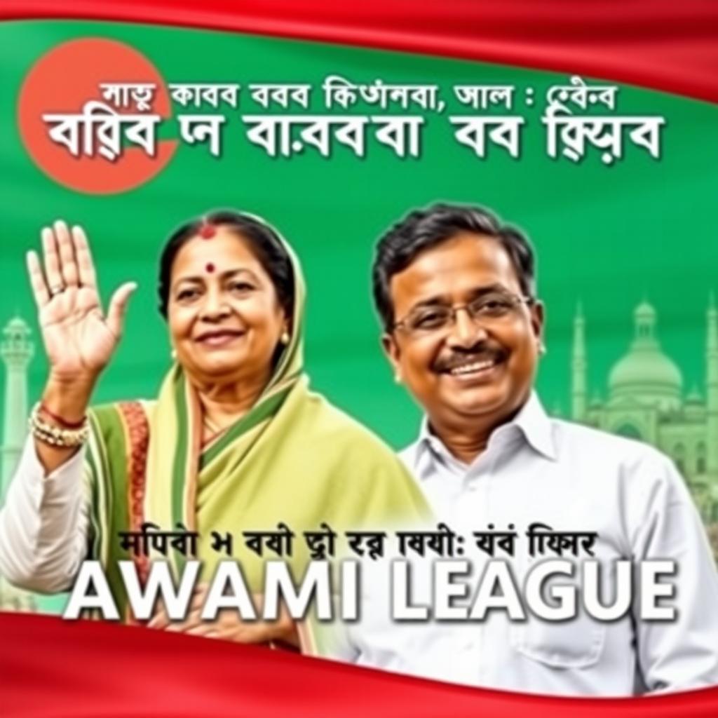 A political banner featuring Sheikh Hasina, showing her hand in a blessing gesture, conveying a sense of hope and support for the people of Bangladesh
