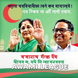 A political banner featuring Sheikh Hasina, showing her hand in a blessing gesture, conveying a sense of hope and support for the people of Bangladesh