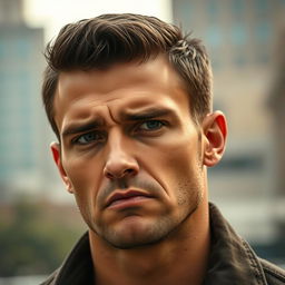 A handsome man with a chiseled jawline and sharp features, frowning and looking sideways