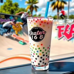 An artistic representation of a Boba drink featuring colorful tapioca pearls and a vibrant straw, elegantly placed on a stylish surface