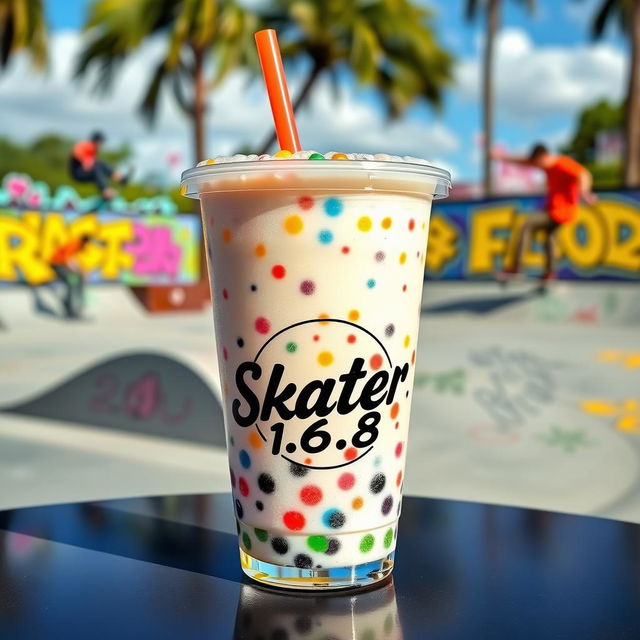 An artistic representation of a Boba drink featuring colorful tapioca pearls and a vibrant straw, elegantly placed on a stylish surface