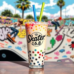 An artistic representation of a Boba drink featuring colorful tapioca pearls and a vibrant straw, elegantly placed on a stylish surface