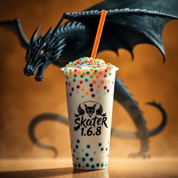 An artistic representation of a Boba drink with colorful tapioca pearls, topped with a vibrant straw, set against a dramatic background featuring a magnificent black dragon