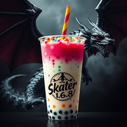 An artistic representation of a Boba drink with colorful tapioca pearls, topped with a vibrant straw, set against a dramatic background featuring a magnificent black dragon
