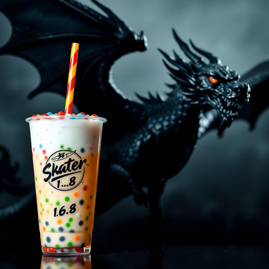 An artistic representation of a Boba drink with colorful tapioca pearls, topped with a vibrant straw, set against a dramatic background featuring a magnificent black dragon