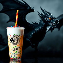 An artistic representation of a Boba drink with colorful tapioca pearls, topped with a vibrant straw, set against a dramatic background featuring a magnificent black dragon