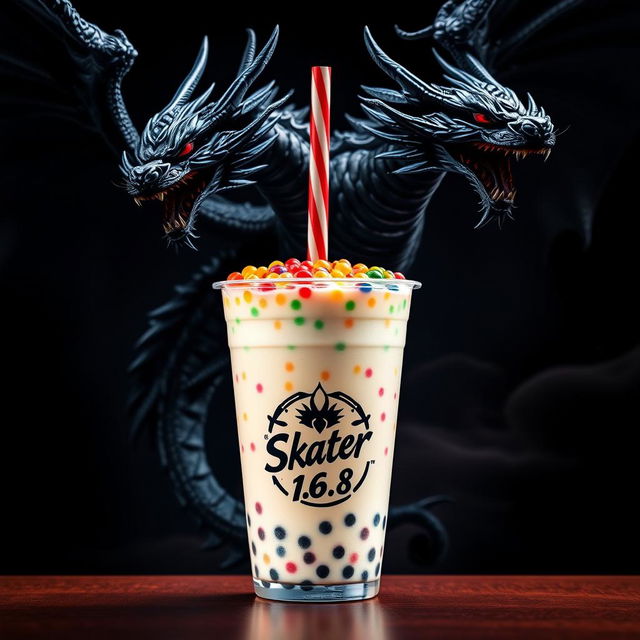 An artistic representation of a Boba drink with colorful tapioca pearls, topped with a vibrant straw, set against a dramatic background featuring a magnificent black dragon