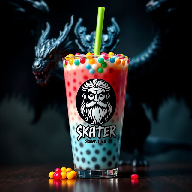 An artistic representation of a Boba drink, featuring colorful tapioca pearls and a vibrant straw