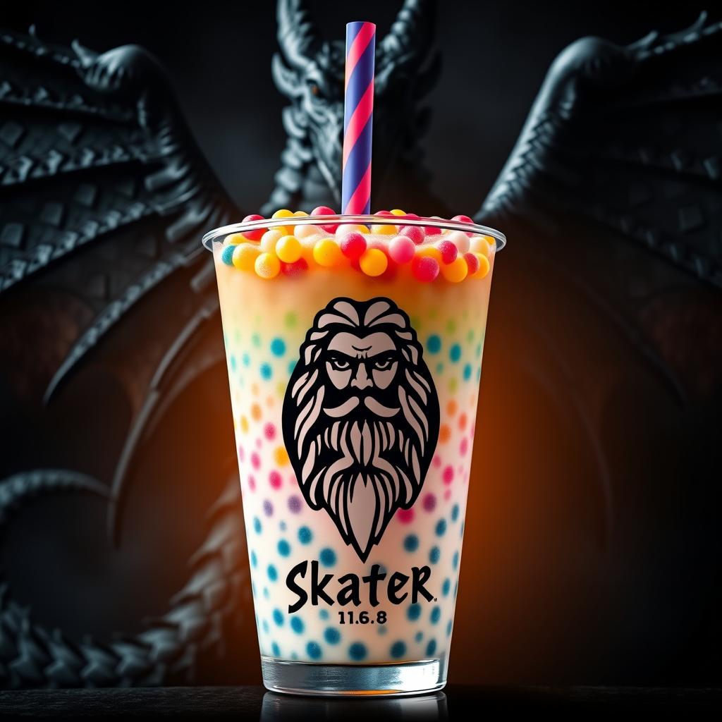 An artistic representation of a Boba drink, featuring colorful tapioca pearls and a vibrant straw