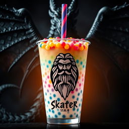 An artistic representation of a Boba drink, featuring colorful tapioca pearls and a vibrant straw