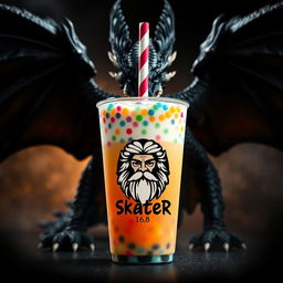 An artistic representation of a Boba drink, featuring colorful tapioca pearls and a vibrant straw