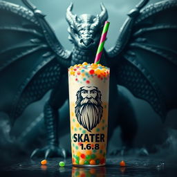 An artistic depiction of a Boba drink with colorful tapioca pearls, complete with a vibrant straw