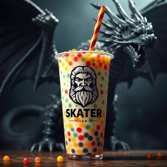 An artistic depiction of a Boba drink with colorful tapioca pearls, complete with a vibrant straw