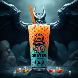 An artistic depiction of a Boba drink with colorful tapioca pearls, complete with a vibrant straw