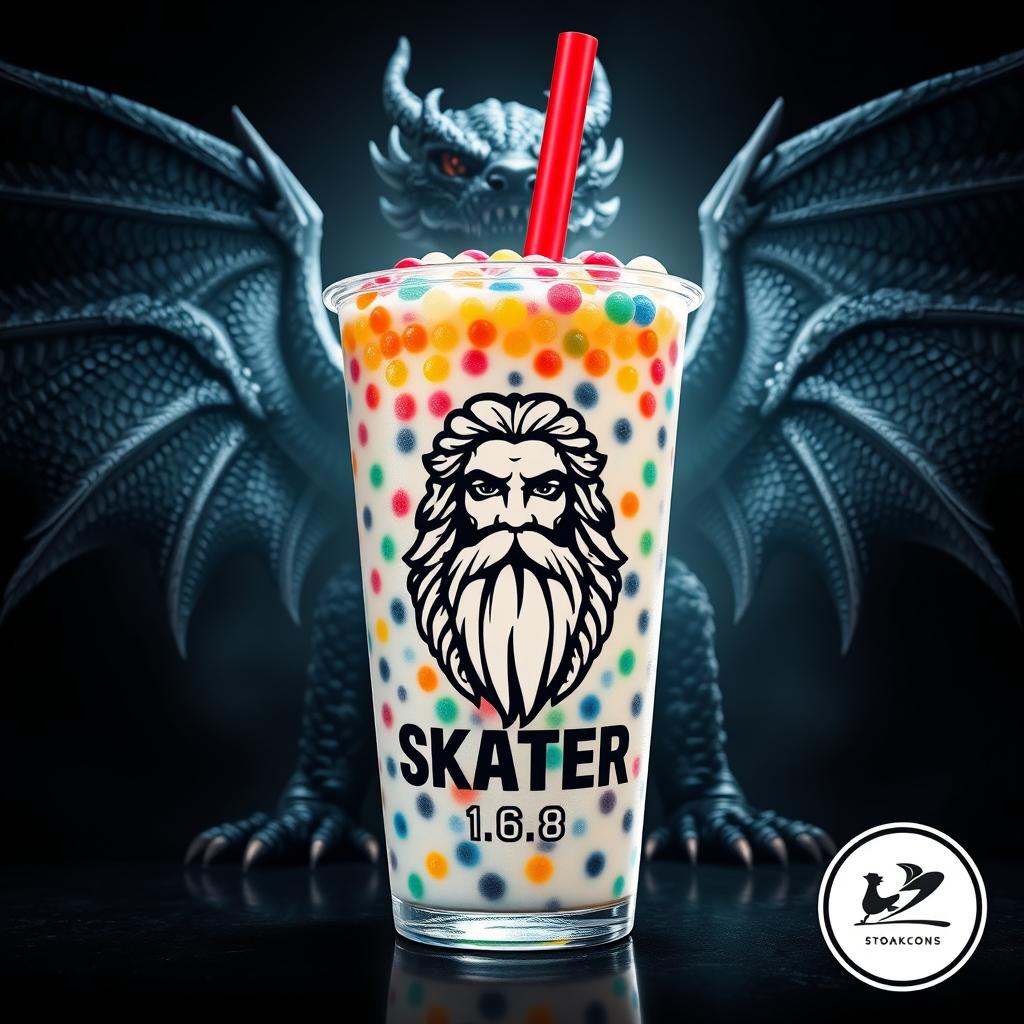 An artistic depiction of a Boba drink with colorful tapioca pearls, complete with a vibrant straw