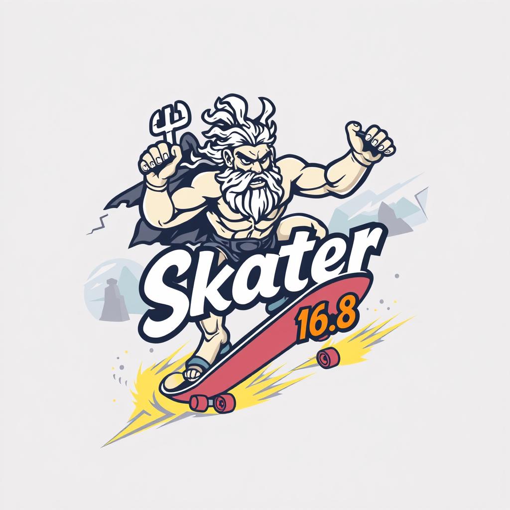 An eye-catching illustration featuring the logo of Zeus riding a skateboard, depicted with a powerful stance and an intense expression that embodies the spirit of skateboarding