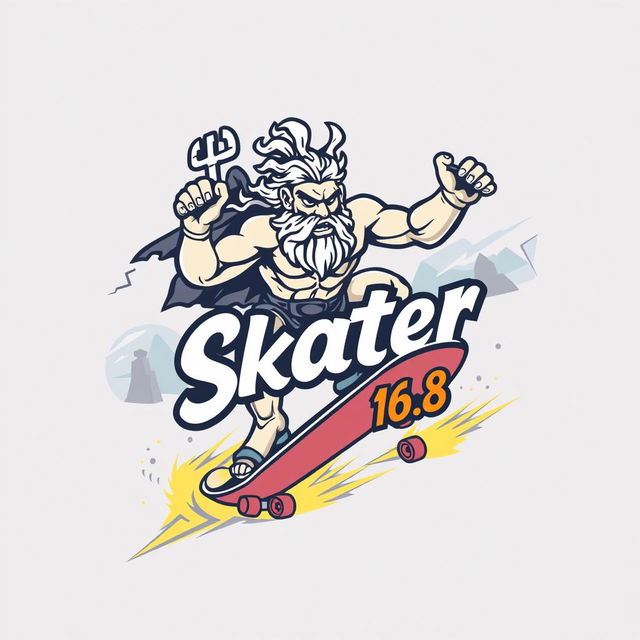 An eye-catching illustration featuring the logo of Zeus riding a skateboard, depicted with a powerful stance and an intense expression that embodies the spirit of skateboarding