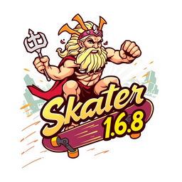 An eye-catching illustration featuring the logo of Zeus riding a skateboard, depicted with a powerful stance and an intense expression that embodies the spirit of skateboarding