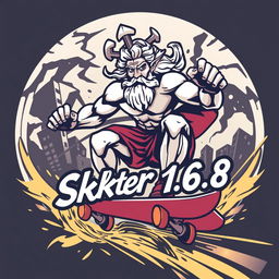 An eye-catching illustration featuring the logo of Zeus riding a skateboard, depicted with a powerful stance and an intense expression that embodies the spirit of skateboarding