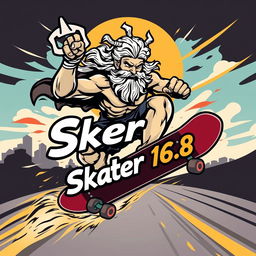 An eye-catching illustration featuring the logo of Zeus riding a skateboard, depicted with a powerful stance and an intense expression that embodies the spirit of skateboarding