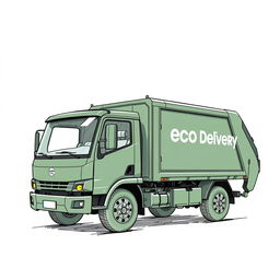 A detailed sketch of an electric garbage truck, designed in a dark green color, with the words "Eco Delivery" prominently displayed on the side
