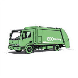 A detailed sketch of an electric garbage truck, designed in a dark green color, with the words "Eco Delivery" prominently displayed on the side