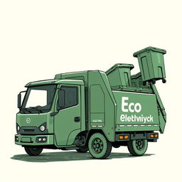 A detailed sketch of an electric garbage truck, designed in a dark green color, with the words "Eco Delivery" prominently displayed on the side
