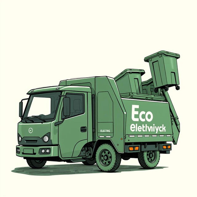 A detailed sketch of an electric garbage truck, designed in a dark green color, with the words "Eco Delivery" prominently displayed on the side