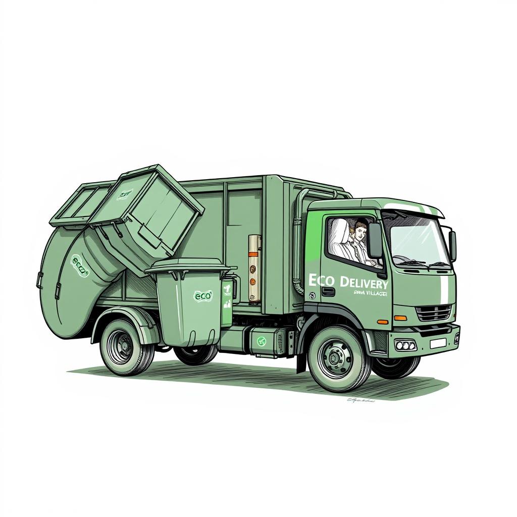 A detailed sketch of an electric garbage truck, designed in a dark green color, with the words "Eco Delivery" prominently displayed on the side